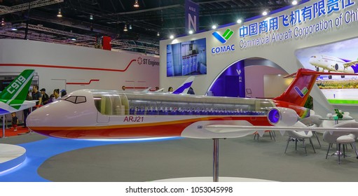 Singapore - Feb 11, 2018. A Comac ARJ21 Twinjet Airliner On Display In Changi, Singapore.