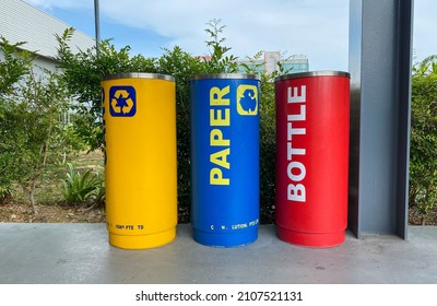 Singapore - Feb 12, 2020. Colorful Trash Cans On The Street In Singapore. Singapore Is One Of The Best Waste Sorting Countries In The World.