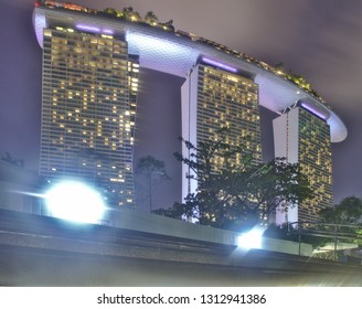 Singapore, Singapore - February 02, 2019: Marina Bay Sands Close Up Shot At Night.