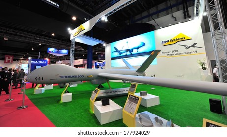 SINGAPORE - FEBRUARY 12: Elbit Hermes 900 Medium Size Medium Altitude Long Endurance Unmanned Aerial Vehicle (UAV) On Display At Singapore Airshow February 12, 2014 In Singapore