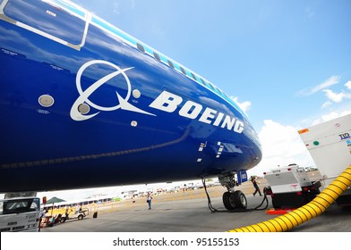 SINGAPORE - FEBRUARY 12: Front of Boeing 787 Dreamliner at Singapore Airshow February 12, 2012 in Singapore