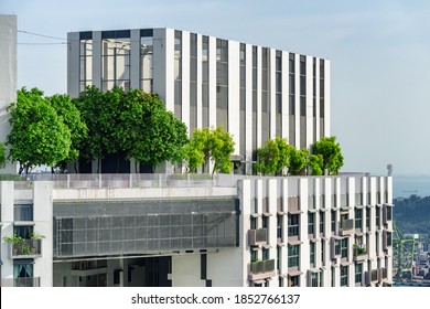 Singapore - February 17, 2017: Amazing Rooftop Garden. Outside Terrace With Park And Beautiful City View. Urban Eco Design And Mini-ecosystem.