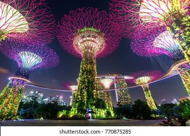 SINGAPORE, SINGAPORE - FEBRUARY 17, 2017: Night View Of Super Trees At Gardens By The Bay. The Park Of A Strategy By The Singapore Government  