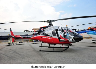 SINGAPORE - FEBRUARY 17: Eurocopter AS350 B3e helicopter on display at Singapore Airshow February 17, 2012 in Singapore