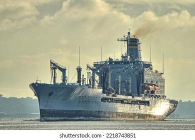 SINGAPORE - FEBRUARY 25, 2022: USNS Yukon (T-AO-202) A Henry J Kaiser-class Replenishment Oiler Transit The Straits Of Johor.