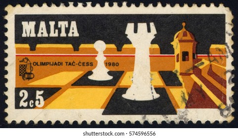 SINGAPORE – FEBRUARY 8, 2017: A Stamp Printed In Malta, Shows Malta Chess Olympiad 1980, Circa 1980