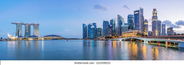 Singapore Financial District Skyline At Marina Bay On Twilight Time, Singapore City, South East Asia.