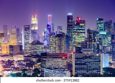 Singapore Financial District Skyline At Night.