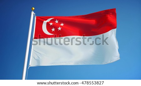 Singapore flag waving against clean blue sky, close up, isolated with clipping path mask alpha channel transparency