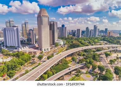 Singapore, High Angle View City Skyline At Marina Bay Business District