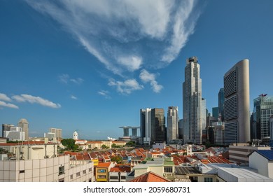 Singapore High Angle View City Skyline At Boat Quay And Clarke Quay Waterfront Business District