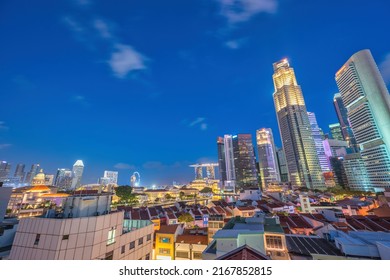 Singapore High Angle View Night City Skyline At Boat Quay And Clarke Quay Waterfront Business District