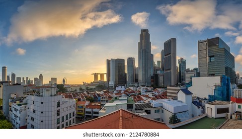 Singapore High Angle View Sunrise Panorama City Skyline At Boat Quay And Clarke Quay Waterfront Business District