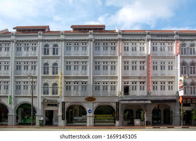 Singapore - January 16, 2020 : Shophouse Along Streets Of South East Asian City Town Singapore