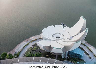 SINGAPORE, SINGAPORE - January 17, 2013. Upper view on ArtScience Museum, built in shape of lotus flower. Famous architectural landmark.