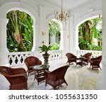 Singapore - January 2017:Wicker chairs and tables in a white marble setting