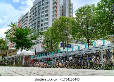 SINGAPORE - JANUARY 26, 2017_Bike parking lot at Punggol MRT/LRT station in Singapore. Punggol is planning area and new town situated on Tanjong Punggol peninsula in North-East Region of Singapore
