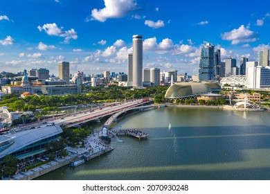 Singapore - January 31, 2020: Aerial Photo Of Merlion Park And Downtown District Of Singapore