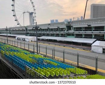 Singapore, Singapore - July 2018: Paddock Club View Of The Singapore Marina Bay Street Circuit.