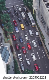 SINGAPORE - JULY 27, 2022 : Aerial View Of Traffic With Road Singapore City Center.