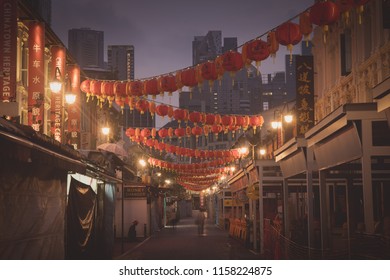 SINGAPORE - July 30, 2018 : Empty Road Of China's Town Walking Street, Pagoda Street, In Singapore In Early Morning. This Walking Street Is A Famous Tourist Attraction In Singapore.