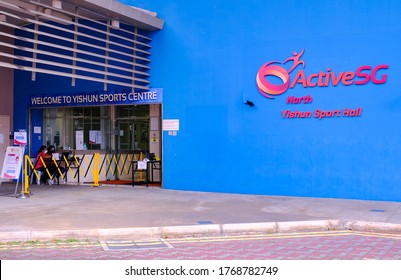 Singapore Jun 29 2020 Safe Entry Station & Building Sign At Yishun Sports Hall / Stadium. Visitors To Go Through Contact Tracing And Temperature Scanning By The Social Distancing Ambassadors; Covid-19