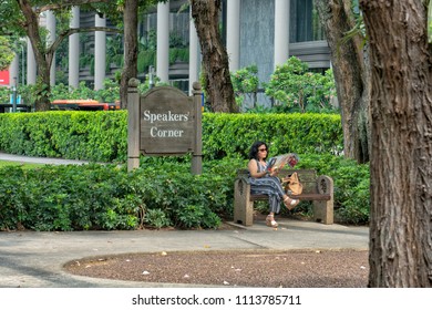 Singapore - June 10, 2018: Hong Lim Park With Speakers Corner  Sign