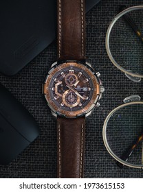 Singapore - June 14, 2020: Flatlay Shot Of Casio's Edifice Men's Watch, Along With A Few Other Daily Carries.