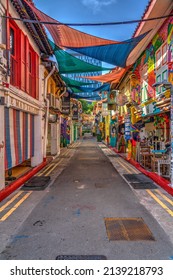 Singapore - June 2020: Haji Lane Without People. The Haji Lane Is The Short Street Within Kampong Glam District In Singapore Where There Are Full Of Restaurants, Cafes And Interesting Shops.