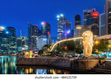 Singapore - June 20,2016: The Merlion Is The National Personification Of Singapore. The Merlion Was First Used In Singapore As The Logo For The Tourism Board. 