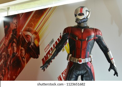 Singapore - June 29, 2018: Human Size Model Ant Man at The Standee of A Marvel Superhero Movie Ant-Man 2 and the Wasp displays at the theater