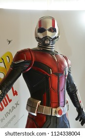 Singapore - June 29, 2018: Human Size Model Ant Man at The Standee of A Marvel Superhero Movie Ant-Man 2 and the Wasp displays at the theater