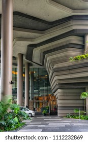 Singapore - June 310 2018: Park Royal Hotel In Singapore,  Called Hotel In A Garden. Reception View From Car Exit