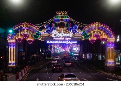 Singapore, Little India - October 17 2021: Festive lights hung up along Serangoon Road in Little India to celebrate Deepavali.