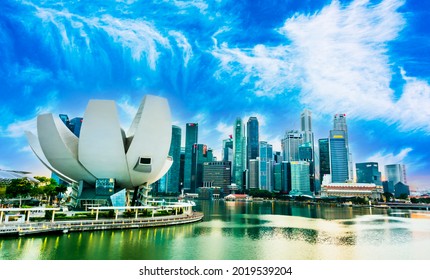 SINGAPORE - MAR 1, 2020: Singapore downtown waterfront with ArtScience Museum viewed from Helix Bridge