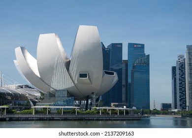 Singapore- Mar 19, 2022: Beautiful ArtScience Museum in Singapore. It is one of the attractions at Marina Bay Sands and has 21 gallery spaces.