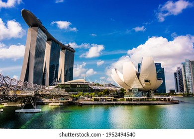 SINGAPORE - MAR 2, 2020: Marina Bay Sands and ArtScience Museum in Singapore