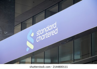 Singapore- Mar 26, 2020: Standard Chartered sign located Marina Bay Financial Center, Singapore. Standard Chartered PLC is a British banking and financial services company headquartered in London.