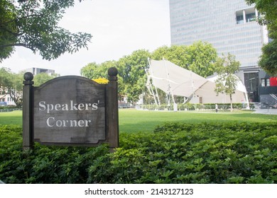 Singapore- Mar 26, 2020: View Of Speakers Corner In Singapore With The Stage And The Sign. It Is An Area Where Open-air Public Speaking Debate And Discussion Are Allowed.