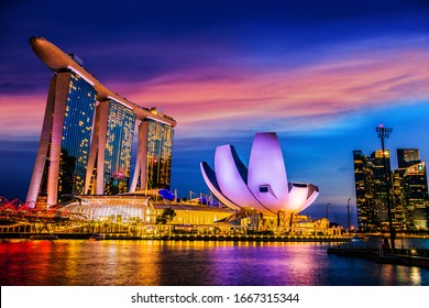 SINGAPORE - MAR 6, 2020: Marina Bay Sands and ArtScience Museum in Singapore after sunset