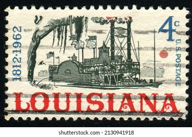 SINGAPORE – MARCH 1, 2022: A Stamp Printed In USA Shows Image Of A Louisiana Riverboat On The Mississippi, Circa 1962.