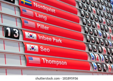 SINGAPORE - MARCH 2: Score Board Showing Game Results During HSBC Women's Champions At Sentosa Golf Club Serapong Course March 2, 2014 In Singapore