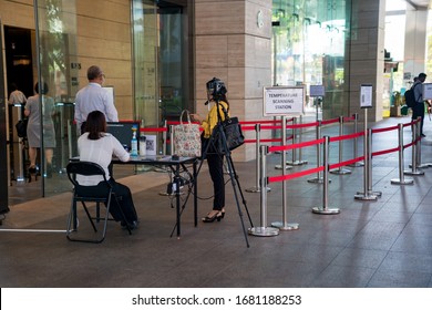 Singapore - March 2020: Temperature Screening Booth At The Office Building, Singapore.