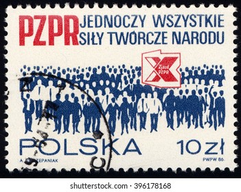 SINGAPORE - MARCH 26, 2016: A Stamp Printed In Poland Shows Polish United Worker Party, 10th Congress, Circa 1986.