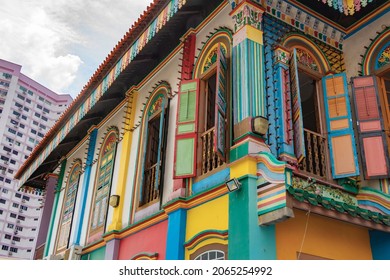 Singapore - March 3, 2021: Colorful house of Tan Teng Niah at Little India. It was built in 1900. Tan Teng Niah was a Chinese businessman who owned several sweet making factories along Serangoon Road 