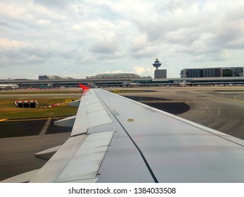 Singapore, Singapore- March 6, 2019:  A View Of Singapore Changi Airport From The Airport Runaway Just After The Plane Touch Down Or Landed.