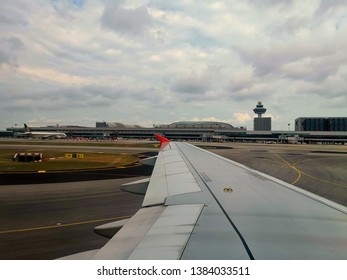 Singapore, Singapore- March 6, 2019:  A View Of Singapore Changi Airport From The Airport Runaway Just After The Plane Touch Down Or Landed.