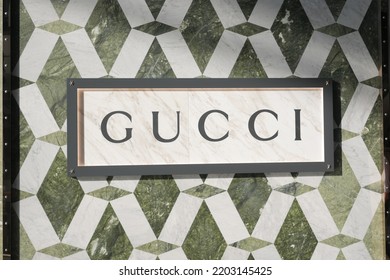 Singapore Marina Bar 12 June 2022. Gucci Sign On A Marble Wall.