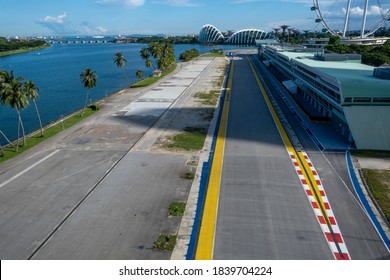 Singapore, Marina Bay Street Circuit, Oct 24, 2020; An Aerial View Of F1 Pit Building And Flower Dome In Background.