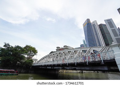 SINGAPORE - May 10, 2019: Anderson Bridge With Singapore Skyscrapper Background